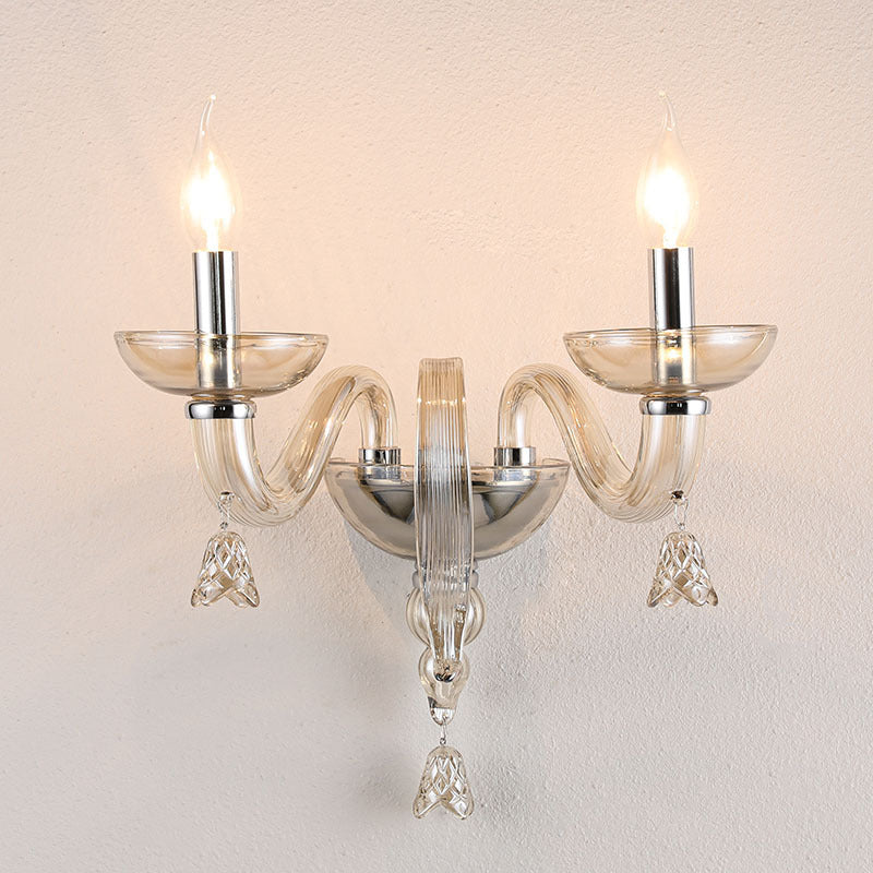 Contemporary Scandinavian Curved Leaf Round Glass Crystal Hardware 1/2 Light Wall Sconce Lamp For Bedroom