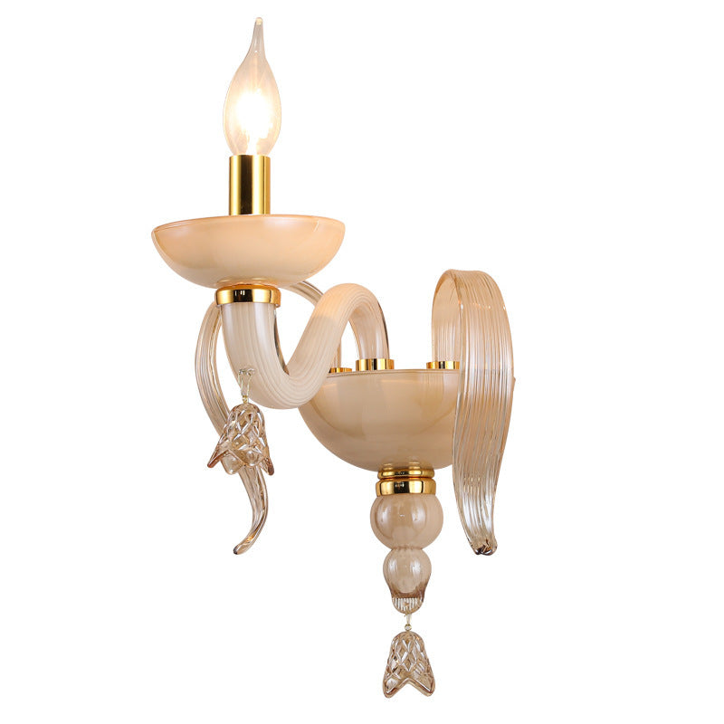 Contemporary Scandinavian Curved Leaf Round Glass Crystal Hardware 1/2 Light Wall Sconce Lamp For Bedroom