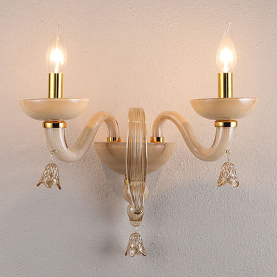 Contemporary Scandinavian Curved Leaf Round Glass Crystal Hardware 1/2 Light Wall Sconce Lamp For Bedroom