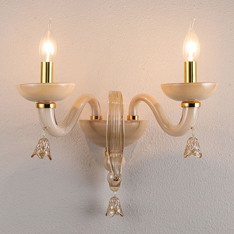 Contemporary Scandinavian Curved Leaf Round Glass Crystal Hardware 1/2 Light Wall Sconce Lamp For Bedroom