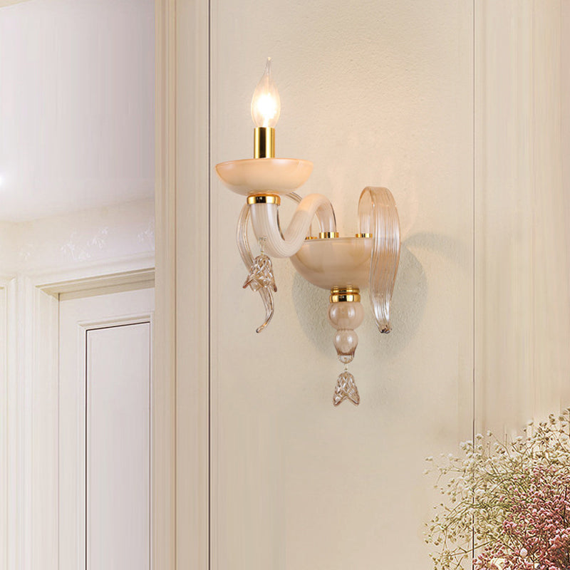 Contemporary Scandinavian Curved Leaf Round Glass Crystal Hardware 1/2 Light Wall Sconce Lamp For Bedroom