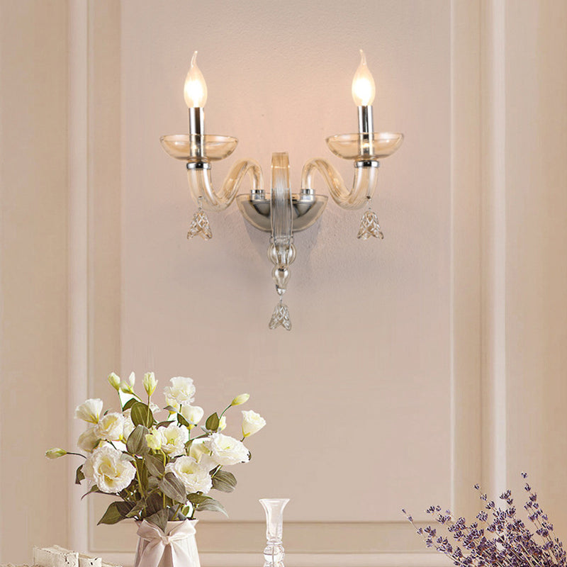 Contemporary Scandinavian Curved Leaf Round Glass Crystal Hardware 1/2 Light Wall Sconce Lamp For Bedroom