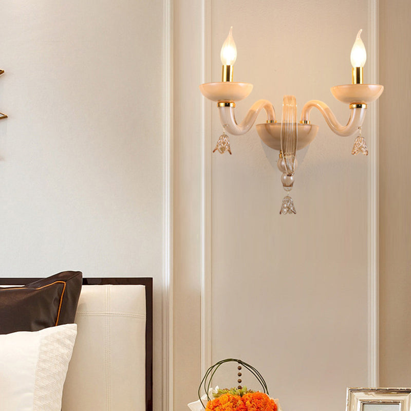 Contemporary Scandinavian Curved Leaf Round Glass Crystal Hardware 1/2 Light Wall Sconce Lamp For Bedroom