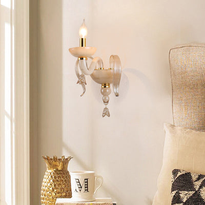 Contemporary Scandinavian Curved Leaf Round Glass Crystal Hardware 1/2 Light Wall Sconce Lamp For Bedroom
