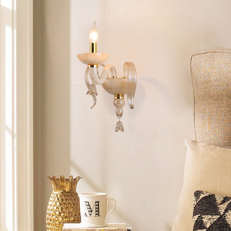 Contemporary Scandinavian Curved Leaf Round Glass Crystal Hardware 1/2 Light Wall Sconce Lamp For Bedroom