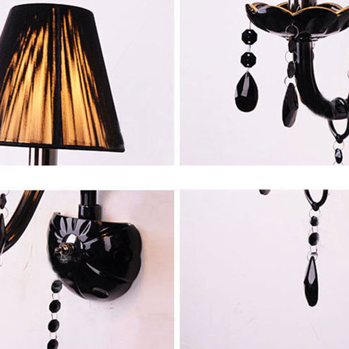 Traditional Vintage Candle Pendant Glass Fabric Crystal Iron 2-Light Wall Sconce Lamp For Bedroom