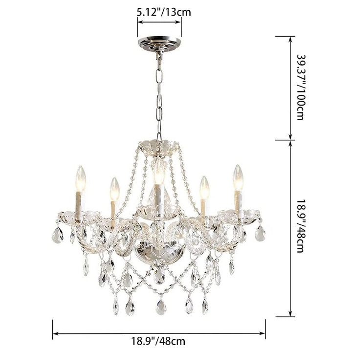 Traditional French Candle Pendant Curved Round Glass Iron 5-Light Chandelier For Living Room