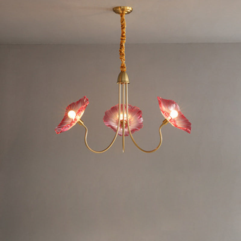 Contemporary Creative Floral Curved Round Glass Iron 3/6 Light Chandelier For Living Room