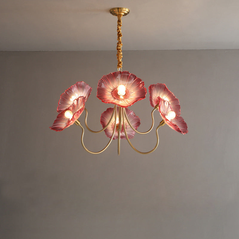Contemporary Creative Floral Curved Round Glass Iron 3/6 Light Chandelier For Living Room