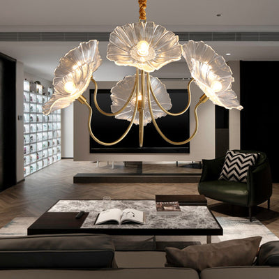 Contemporary Creative Floral Curved Round Glass Iron 3/6 Light Chandelier For Living Room