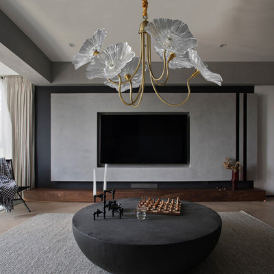 Contemporary Creative Floral Curved Round Glass Iron 3/6 Light Chandelier For Living Room