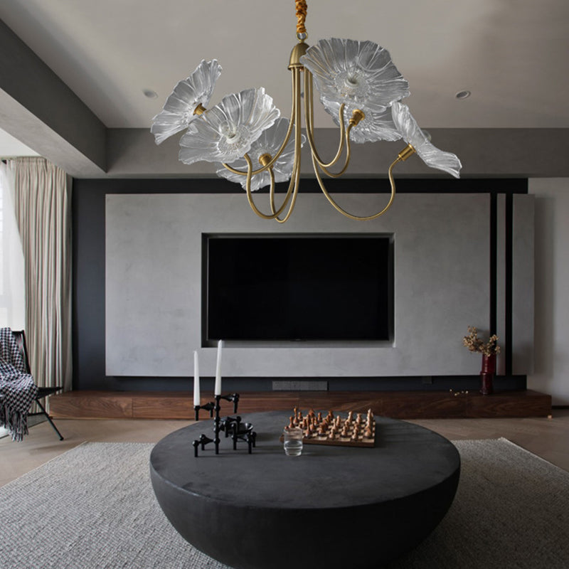 Contemporary Creative Floral Curved Round Glass Iron 3/6 Light Chandelier For Living Room