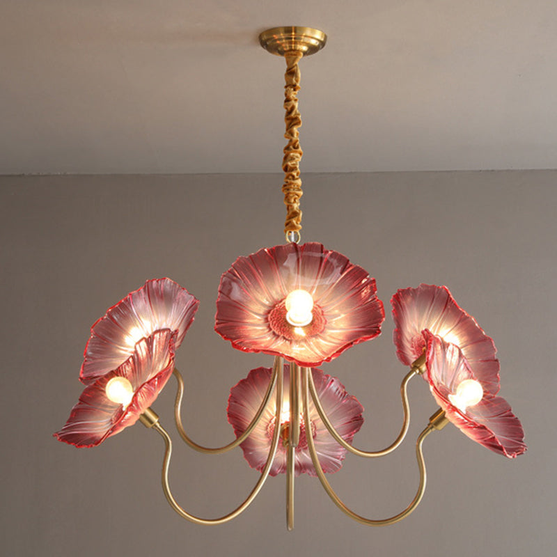 Contemporary Creative Floral Curved Round Glass Iron 3/6 Light Chandelier For Living Room