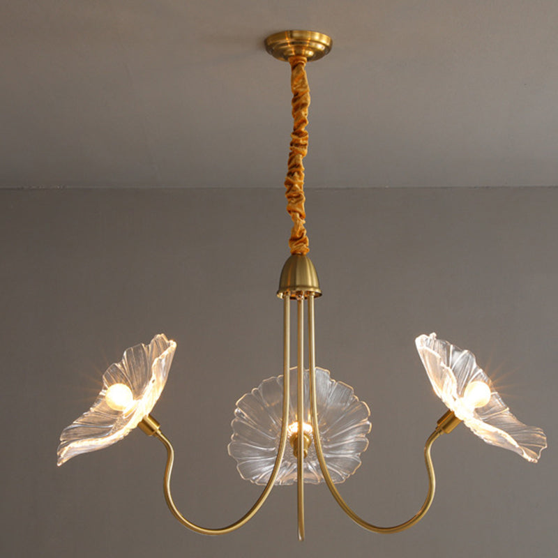Contemporary Creative Floral Curved Round Glass Iron 3/6 Light Chandelier For Living Room