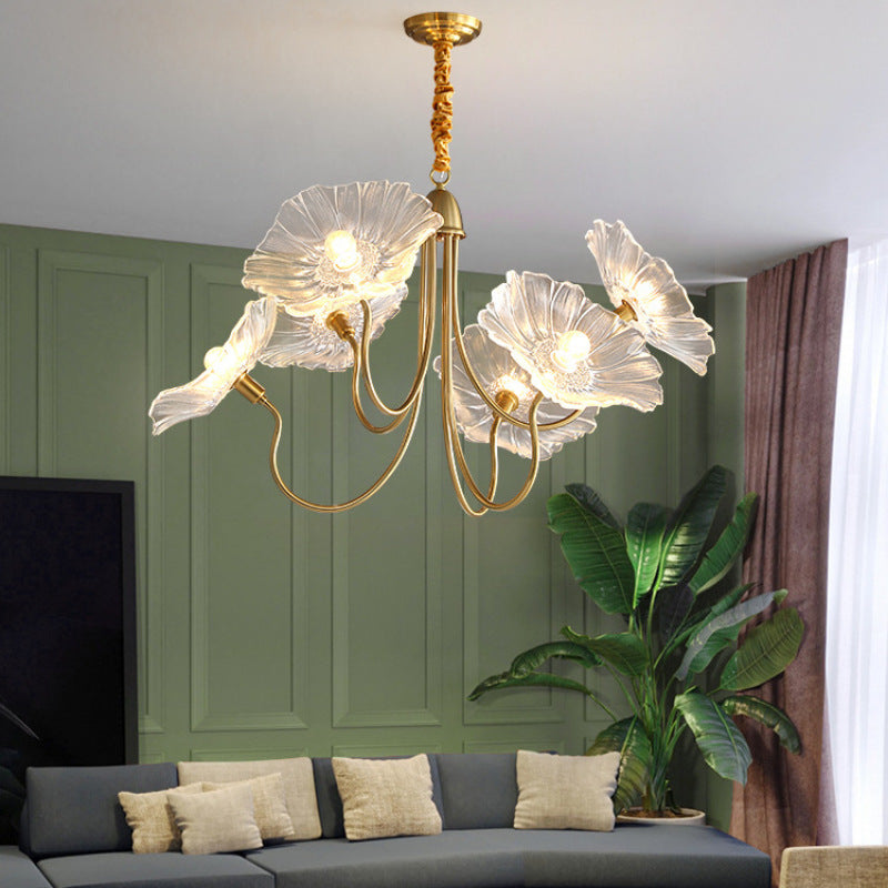 Zeitgenössischer kreativer floraler gebogener runder Glas-Eisen 3/6 Licht Kronleuchter für das Wohnzimmer 