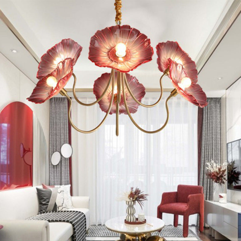 Contemporary Creative Floral Curved Round Glass Iron 3/6 Light Chandelier For Living Room