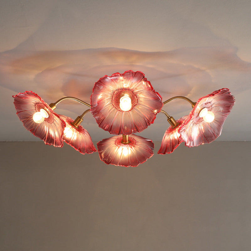 Contemporary Scandinavian Branch Flower Round Glass Iron 5/6 Light Semi-Flush Mount Ceiling Light For Living Room