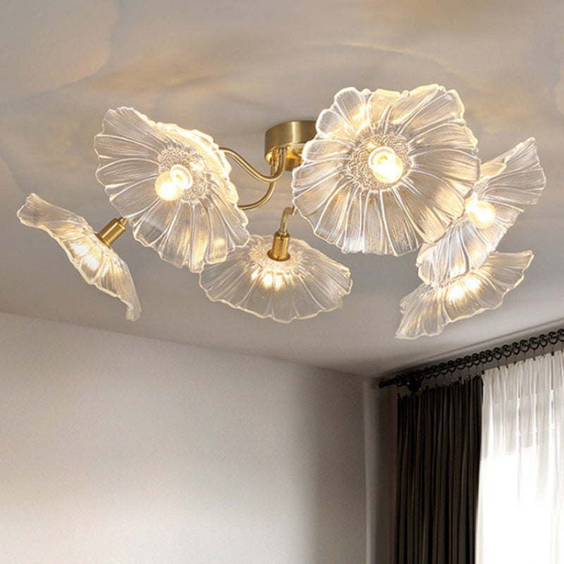 Contemporary Scandinavian Branch Flower Round Glass Iron 5/6 Light Semi-Flush Mount Ceiling Light For Living Room