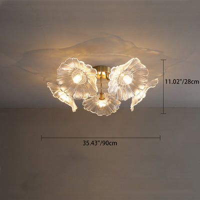 Contemporary Scandinavian Branch Flower Round Glass Iron 5/6 Light Semi-Flush Mount Ceiling Light For Living Room