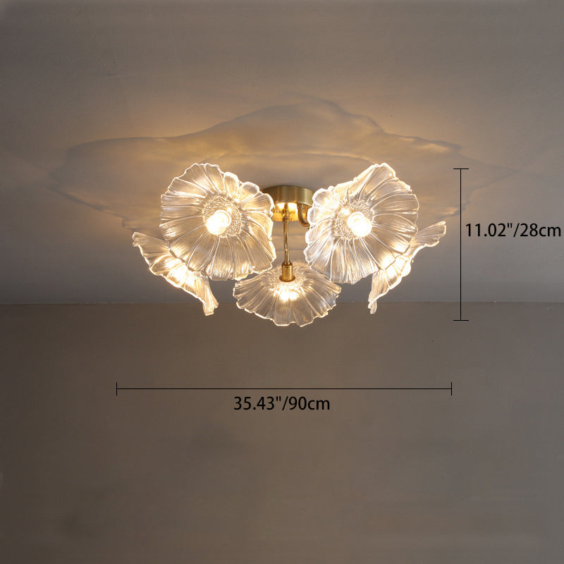 Contemporary Scandinavian Branch Flower Round Glass Iron 5/6 Light Semi-Flush Mount Ceiling Light For Living Room