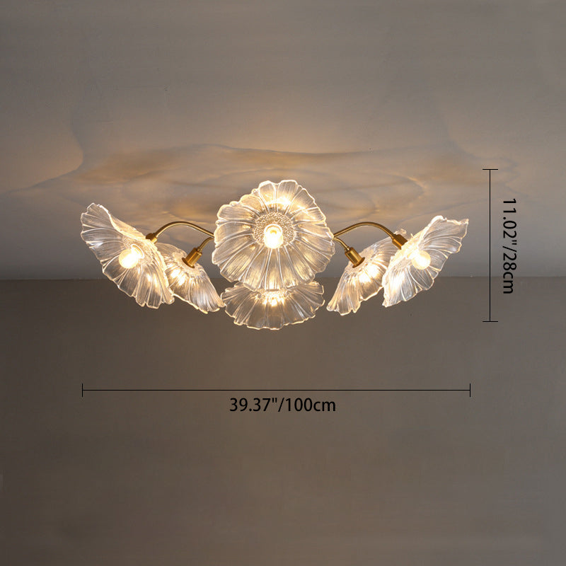 Contemporary Scandinavian Branch Flower Round Glass Iron 5/6 Light Semi-Flush Mount Ceiling Light For Living Room