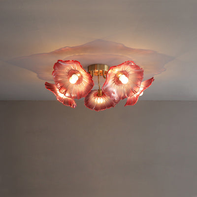 Contemporary Scandinavian Branch Flower Round Glass Iron 5/6 Light Semi-Flush Mount Ceiling Light For Living Room