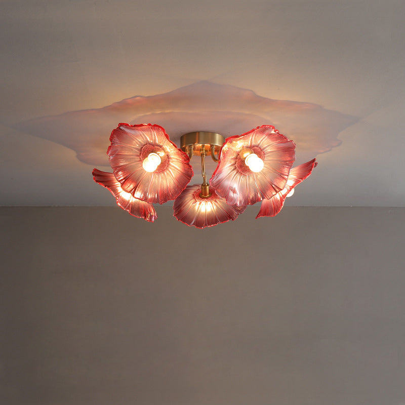 Contemporary Scandinavian Branch Flower Round Glass Iron 5/6 Light Semi-Flush Mount Ceiling Light For Living Room