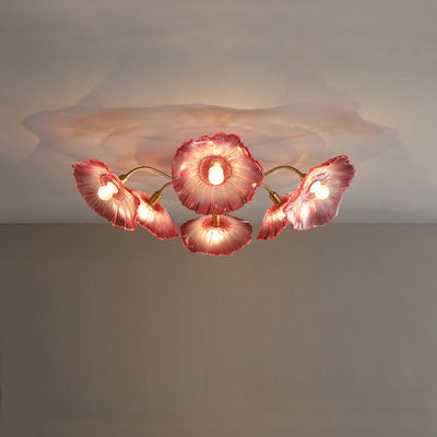 Contemporary Scandinavian Branch Flower Round Glass Iron 5/6 Light Semi-Flush Mount Ceiling Light For Living Room