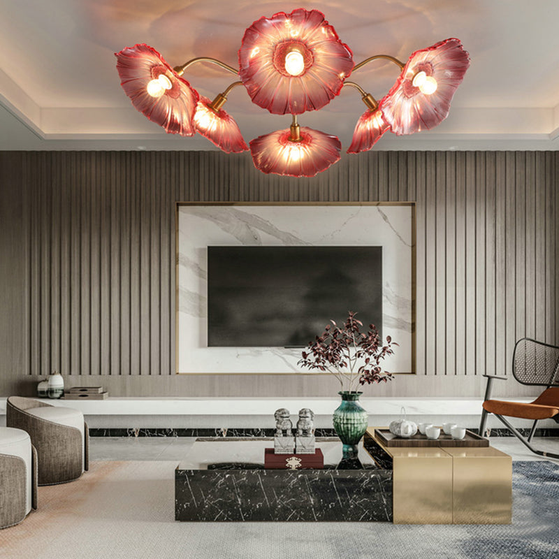 Contemporary Scandinavian Branch Flower Round Glass Iron 5/6 Light Semi-Flush Mount Ceiling Light For Living Room