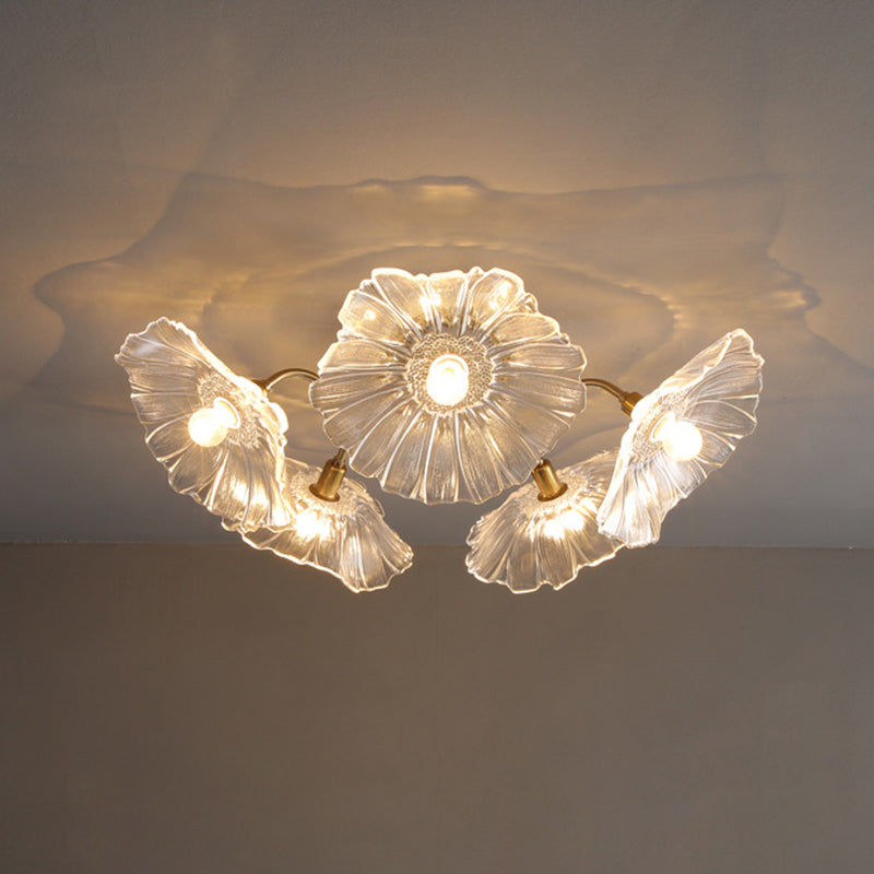 Contemporary Scandinavian Branch Flower Round Glass Iron 5/6 Light Semi-Flush Mount Ceiling Light For Living Room