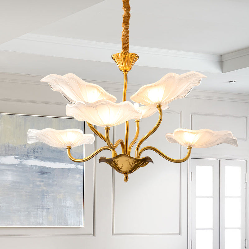Feuille de Lotus Créative Contemporaine Branche Ronde en Verre Fer Lustre à 6/9 Lumières pour Salon 