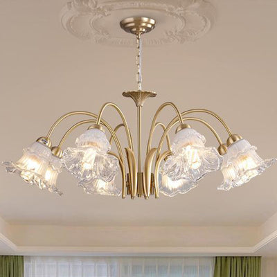 Traditional French Branch Bend Flared Diamond Glass Brass 3/5/6/8/10 Light Chandelier For Living Room
