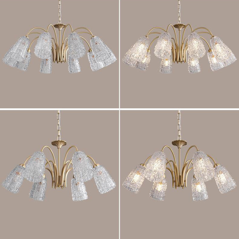 Traditional French Branch Bend Flared Diamond Glass Brass 3/5/6/8/10 Light Chandelier For Living Room