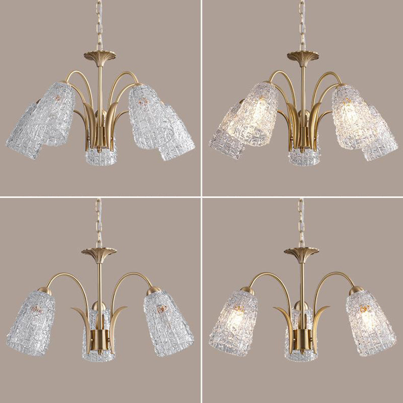 Traditional French Branch Bend Flared Diamond Glass Brass 3/5/6/8/10 Light Chandelier For Living Room