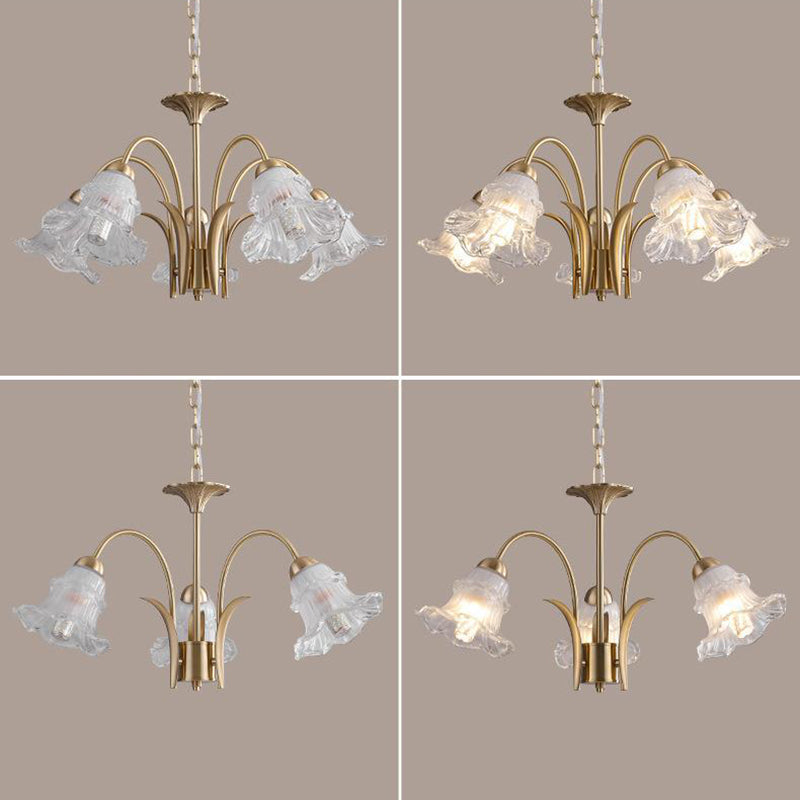 Traditional French Branch Bend Flared Diamond Glass Brass 3/5/6/8/10 Light Chandelier For Living Room