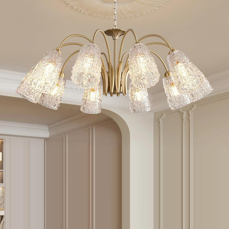 Traditional French Branch Bend Flared Diamond Glass Brass 3/5/6/8/10 Light Chandelier For Living Room