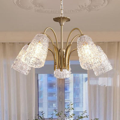 Traditional French Branch Bend Flared Diamond Glass Brass 3/5/6/8/10 Light Chandelier For Living Room