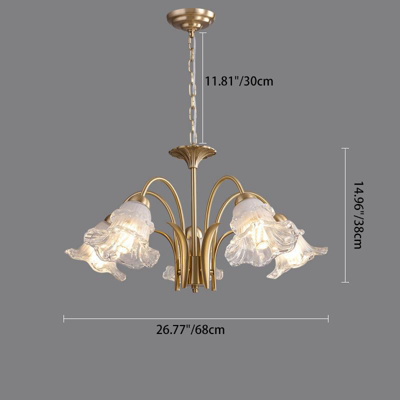 Traditional French Branch Bend Flared Diamond Glass Brass 3/5/6/8/10 Light Chandelier For Living Room