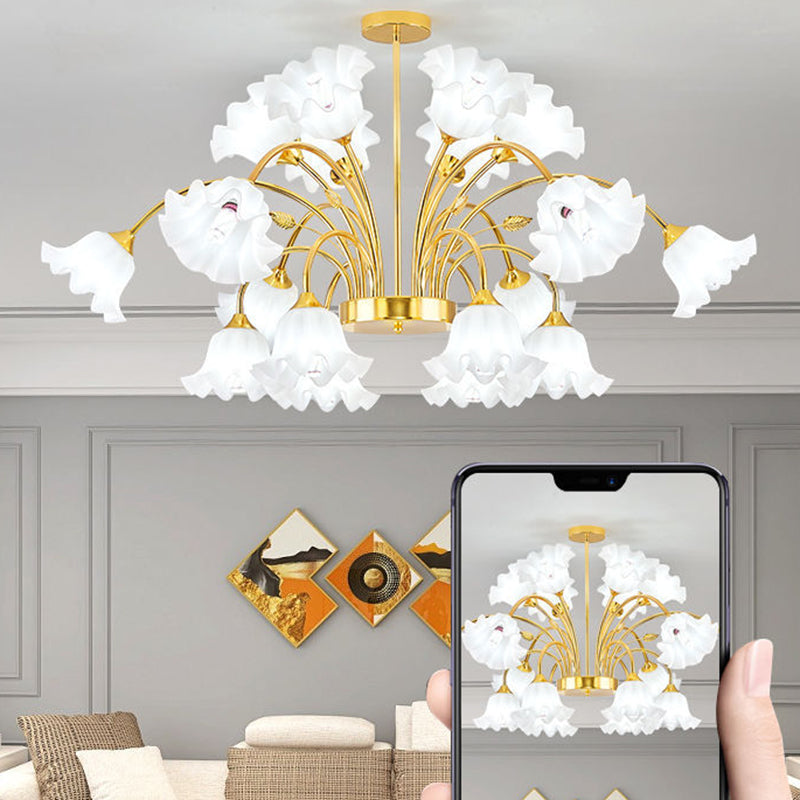 Contemporary Scandinavian Branch Round Flower Pod Glass Iron 9/12/15/18 Light Chandelier For Living Room