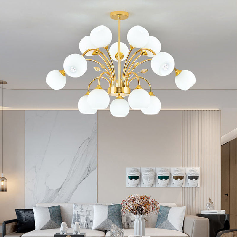Contemporary Scandinavian Branch Round Flower Pod Glass Iron 9/12/15/18 Light Chandelier For Living Room