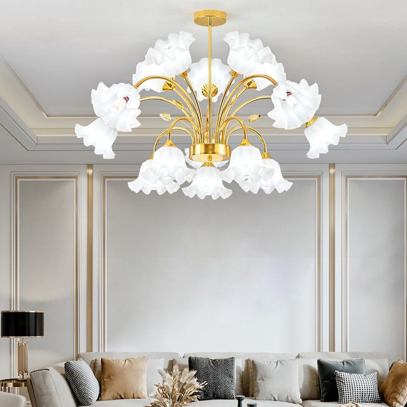 Contemporary Scandinavian Branch Round Flower Pod Glass Iron 9/12/15/18 Light Chandelier For Living Room