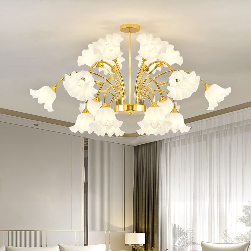 Contemporary Scandinavian Branch Round Flower Pod Glass Iron 9/12/15/18 Light Chandelier For Living Room