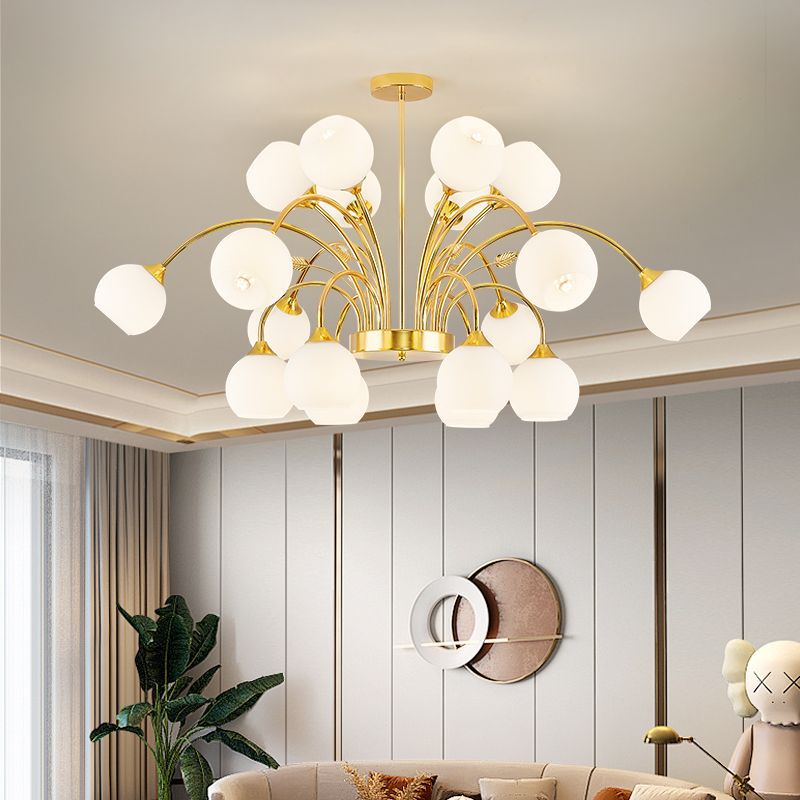 Contemporary Scandinavian Branch Round Flower Pod Glass Iron 9/12/15/18 Light Chandelier For Living Room
