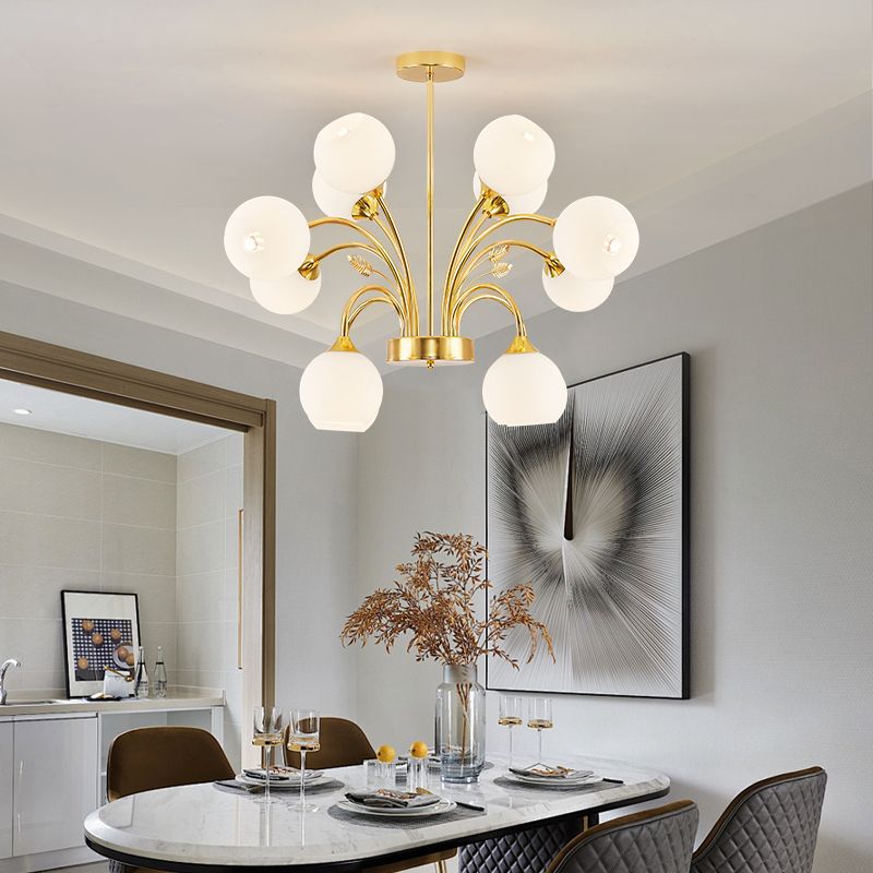 Contemporary Scandinavian Branch Round Flower Pod Glass Iron 9/12/15/18 Light Chandelier For Living Room