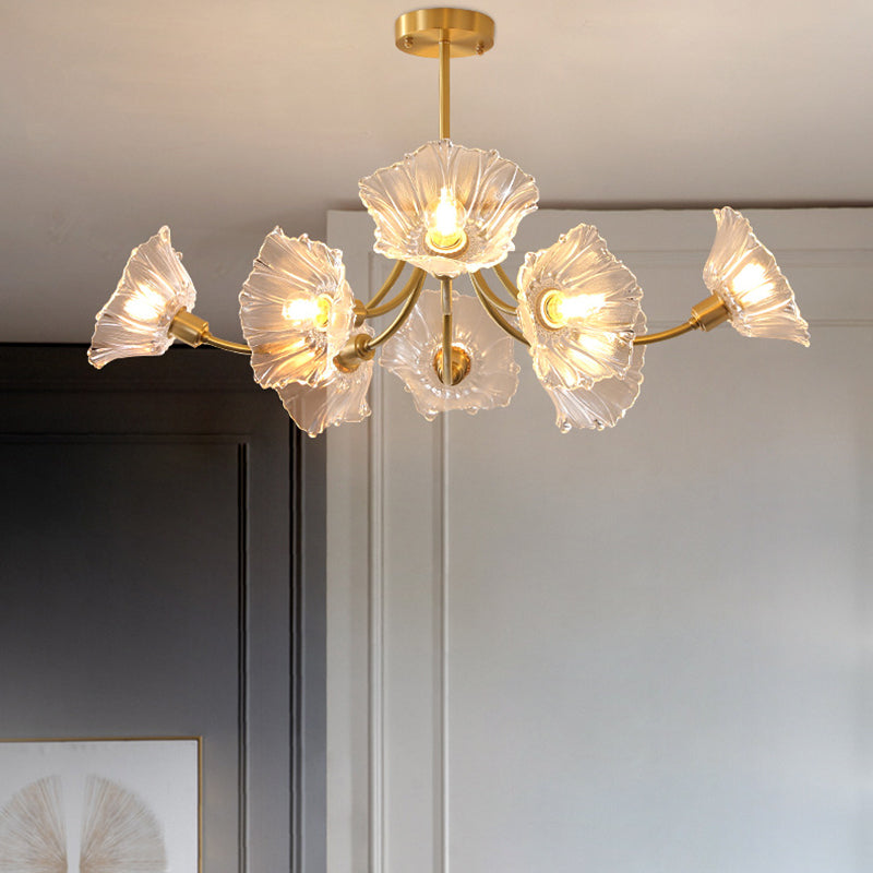 Traditional French Branch Flower Curved Glass Brass 3/5/8 Light Chandelier For Living Room