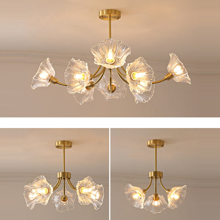 Lustre traditionnel français à branches fleuries en verre courbé et laiton 3/5/8 lumières pour salon 