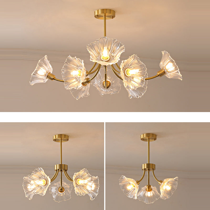 Traditional French Branch Flower Curved Glass Brass 3/5/8 Light Chandelier For Living Room