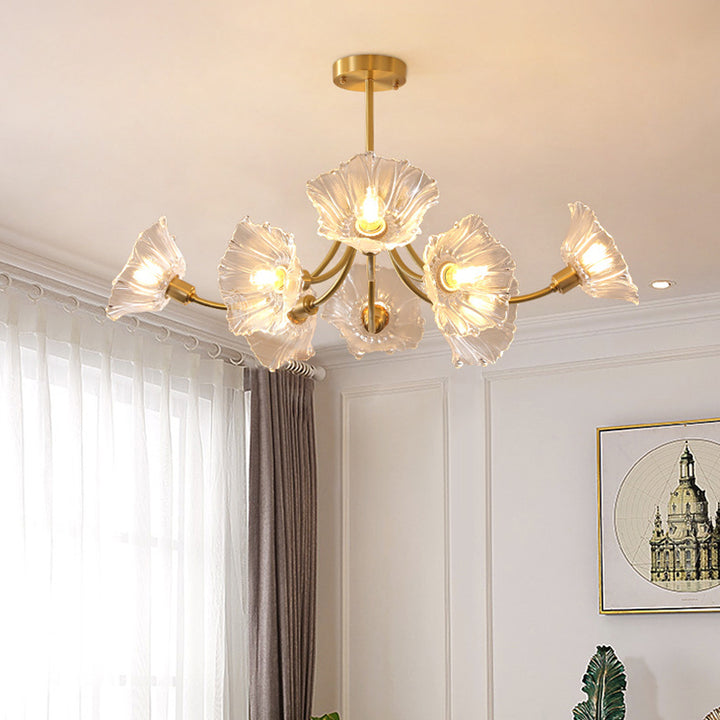 Lustre traditionnel français à branches fleuries en verre courbé et laiton 3/5/8 lumières pour salon 