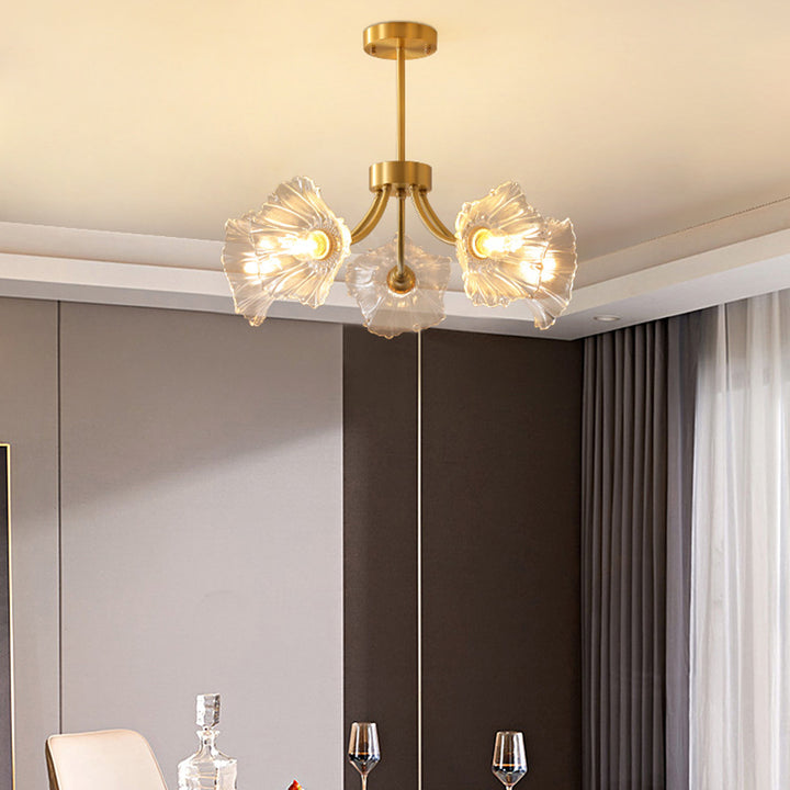 Lustre traditionnel français à branches fleuries en verre courbé et laiton 3/5/8 lumières pour salon 