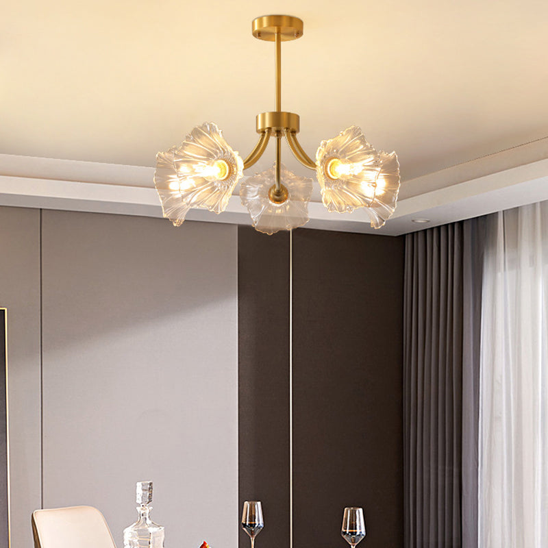 Traditional French Branch Flower Curved Glass Brass 3/5/8 Light Chandelier For Living Room